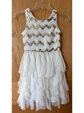 Emily West Girls White & Gold Sequin Chevron Layered Ruffle Dress Size 8 Party O